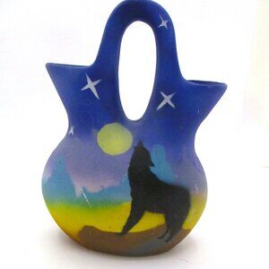 Wedding Vase With Wolf Howling At Moon Design - Double Spout - Hand-Painted - S